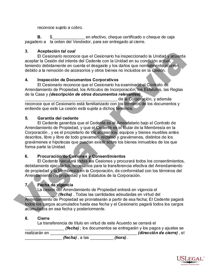 Preview Acuerdo para Ceder Arrendamiento de Propiedad de Apartamento Cooperativo y Membresía