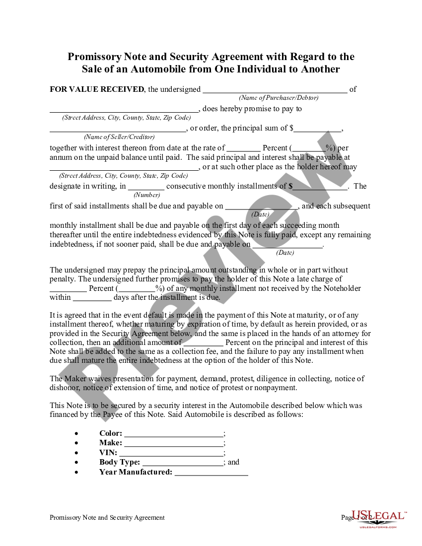 Promissory Note And Security Agreement With Regard To The Sale Of An Automobile From One 0103