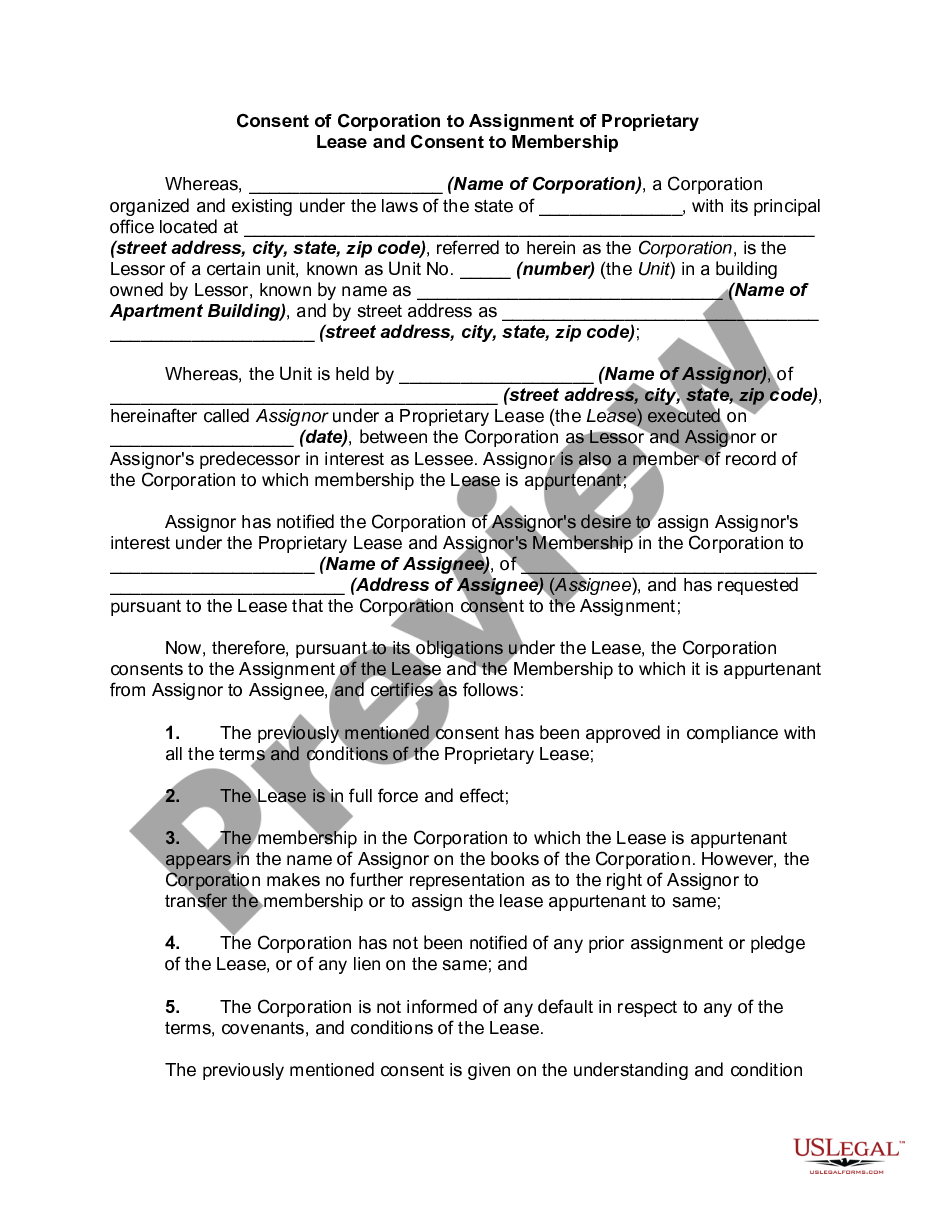 consent to assignment of proprietary lease