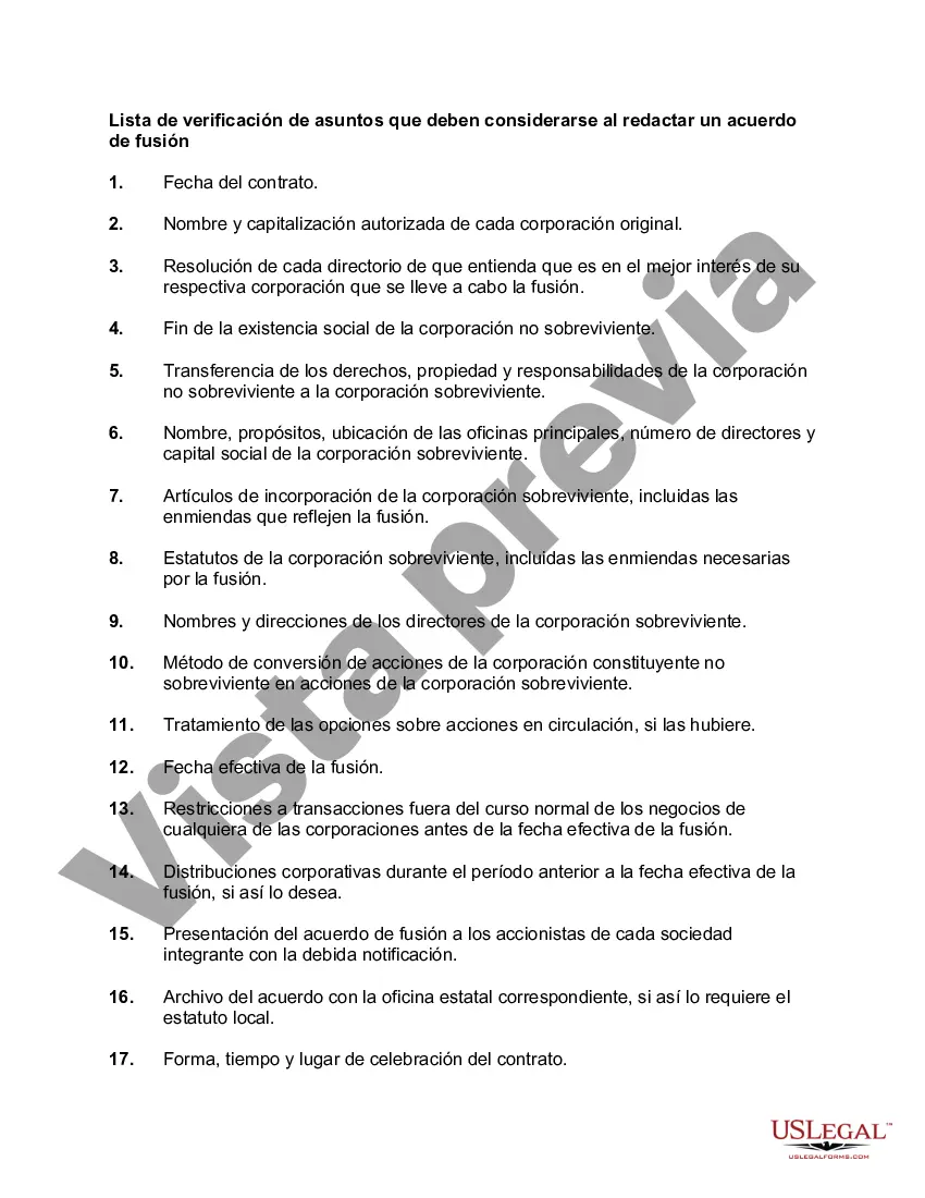 Get Lista de verificación de asuntos que deben considerarse al redactar un acuerdo de fusión Preview Lista de verificación de asuntos que deben considerarse al redactar un acuerdo de fusión