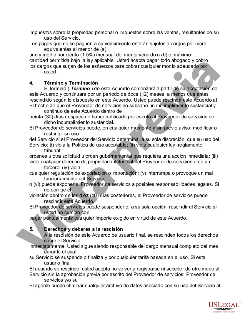 Preview Acuerdo de usuario final para el proveedor de servicios en línea con exención de responsabilidad con respecto a los hipervínculos