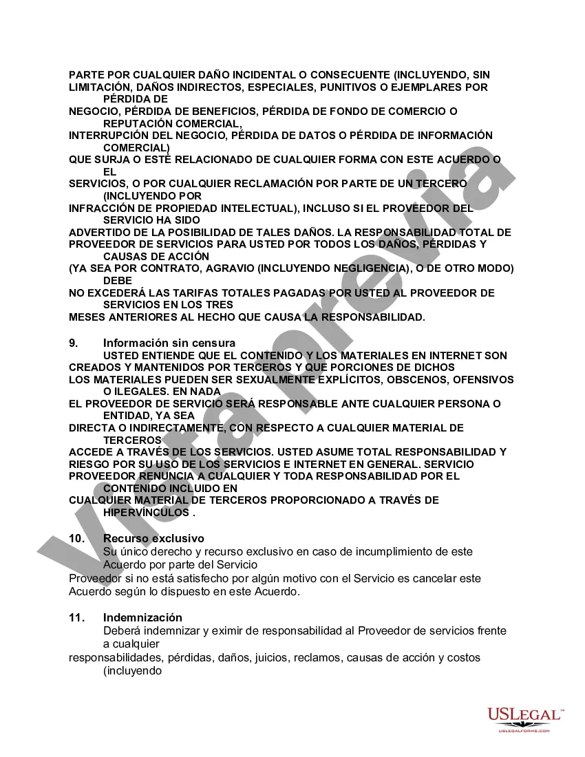Preview Acuerdo de usuario final para el proveedor de servicios en línea con exención de responsabilidad con respecto a los hipervínculos