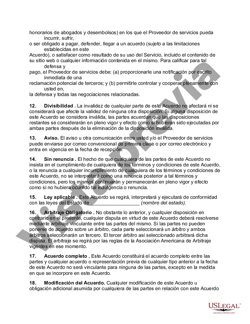 Preview Acuerdo de usuario final para el proveedor de servicios en línea con exención de responsabilidad con respecto a los hipervínculos