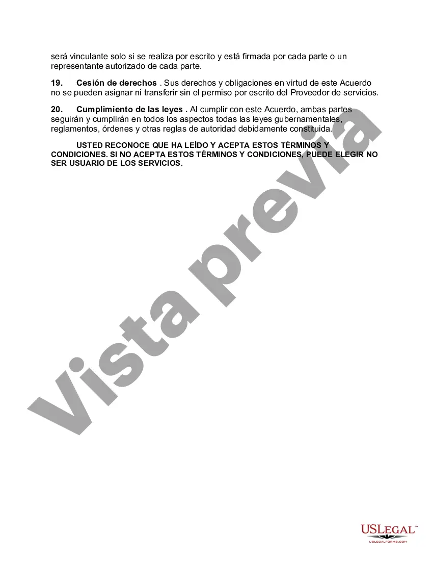 Preview Acuerdo de usuario final para el proveedor de servicios en línea con exención de responsabilidad con respecto a los hipervínculos
