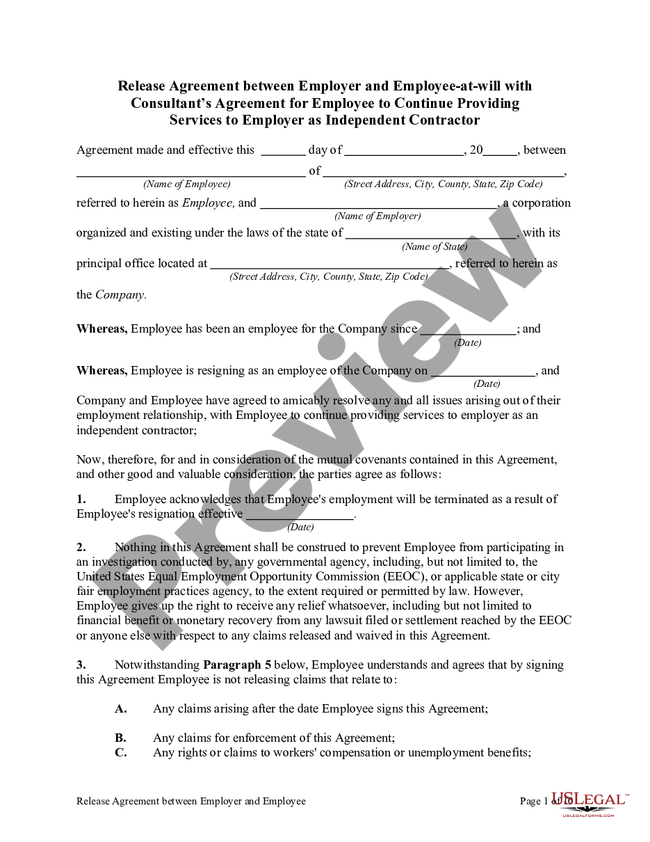 page 0 Release Agreement between Employer and Employee At Will with Consultant's Agreement for Employee to Continue Providing Services to Employer as Independent Contractor preview