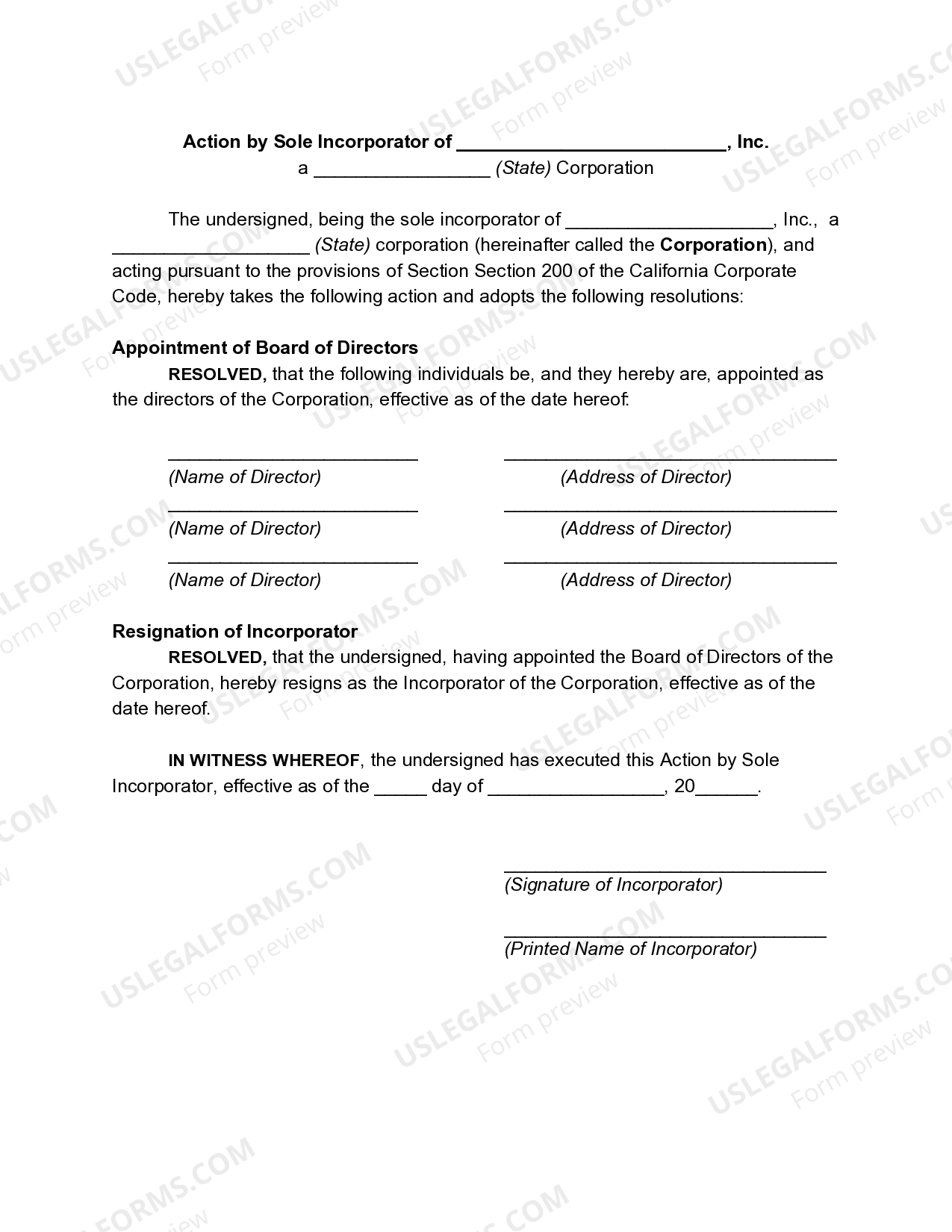 Michigan Action by Sole Incorporator of Corporation Incorporator US