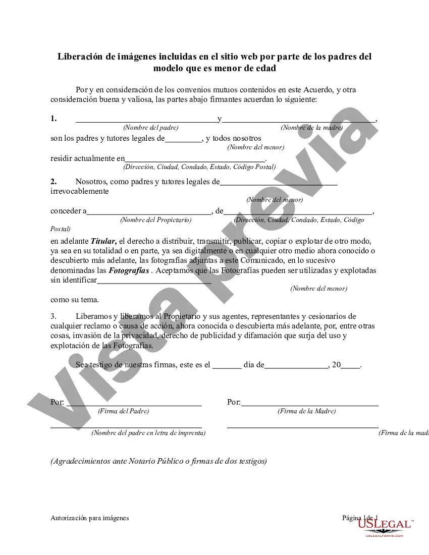 Preview Liberación de imágenes incluidas en el sitio web por parte de los padres del modelo que es menor de edad