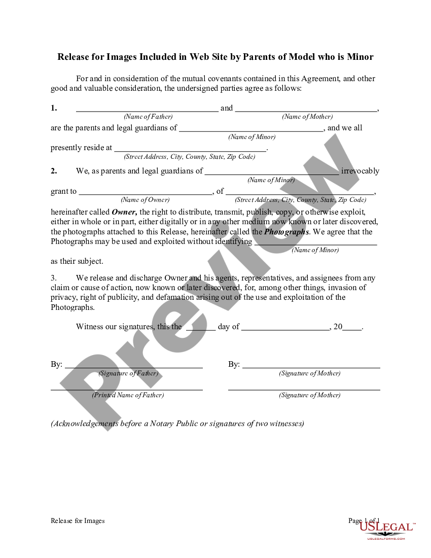 form Release for Images Included in Website by Parents of Model Who is a Minor preview