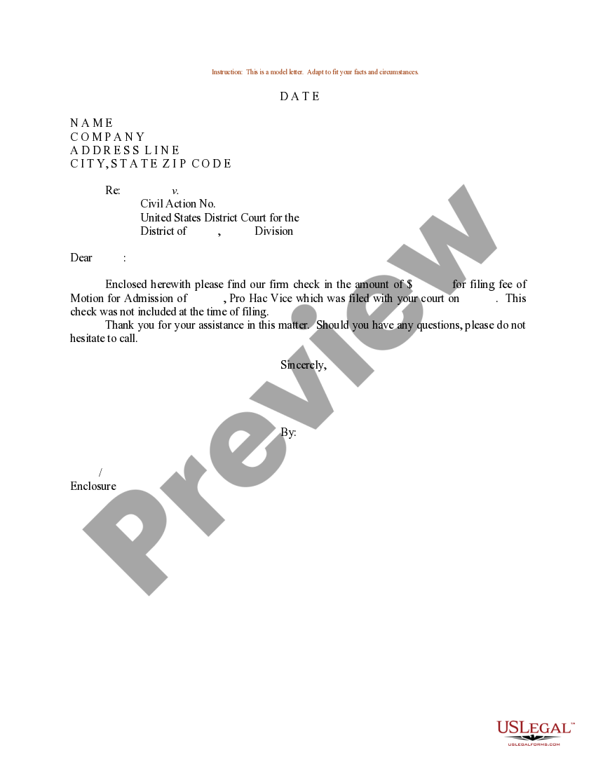 Bronx New York Sample Letter for Filing Fee of Motion for Admission