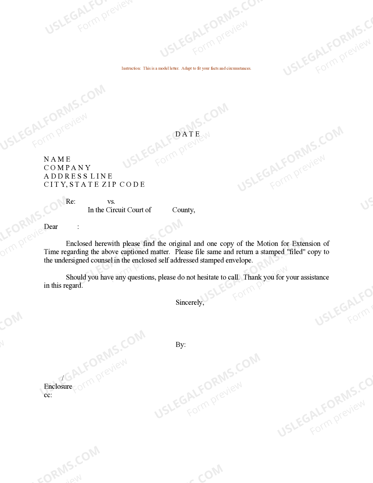 Cook Illinois Sample Letter for Motion for Extension of Time - Motion