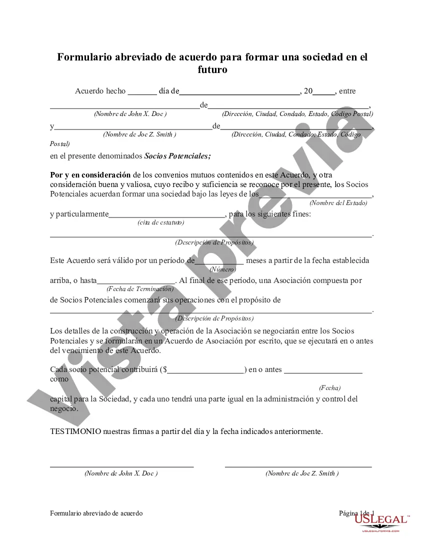 Preview Formulario abreviado de acuerdo para formar una sociedad en el futuro