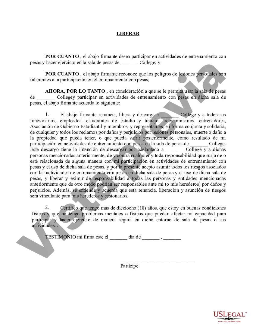 Preview Liberación de responsabilidad de la universidad con respecto al entrenamiento con pesas