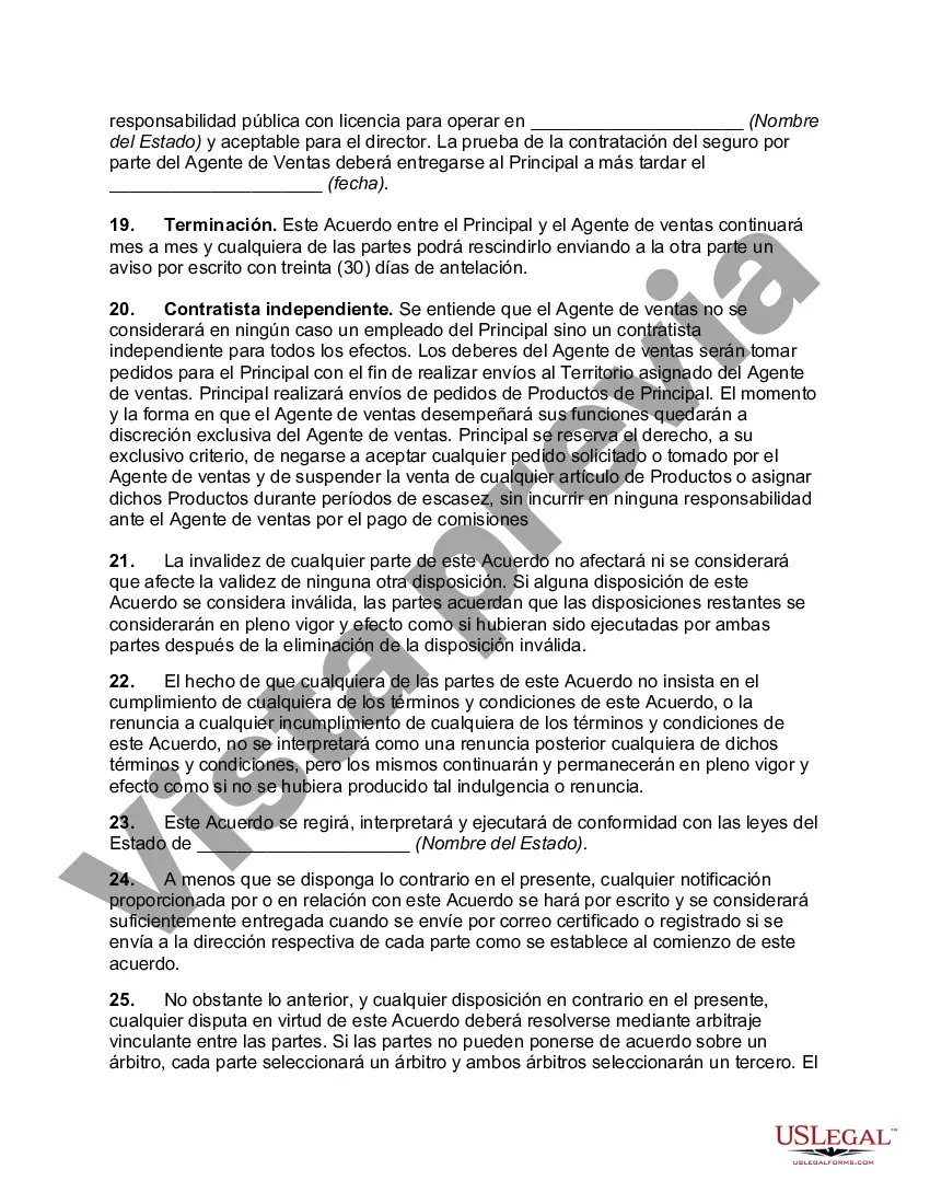 Preview Acuerdo entre Agente de Ventas y Distribuidor para Vender Productos al Menudeo en un Territorio Exclusivo