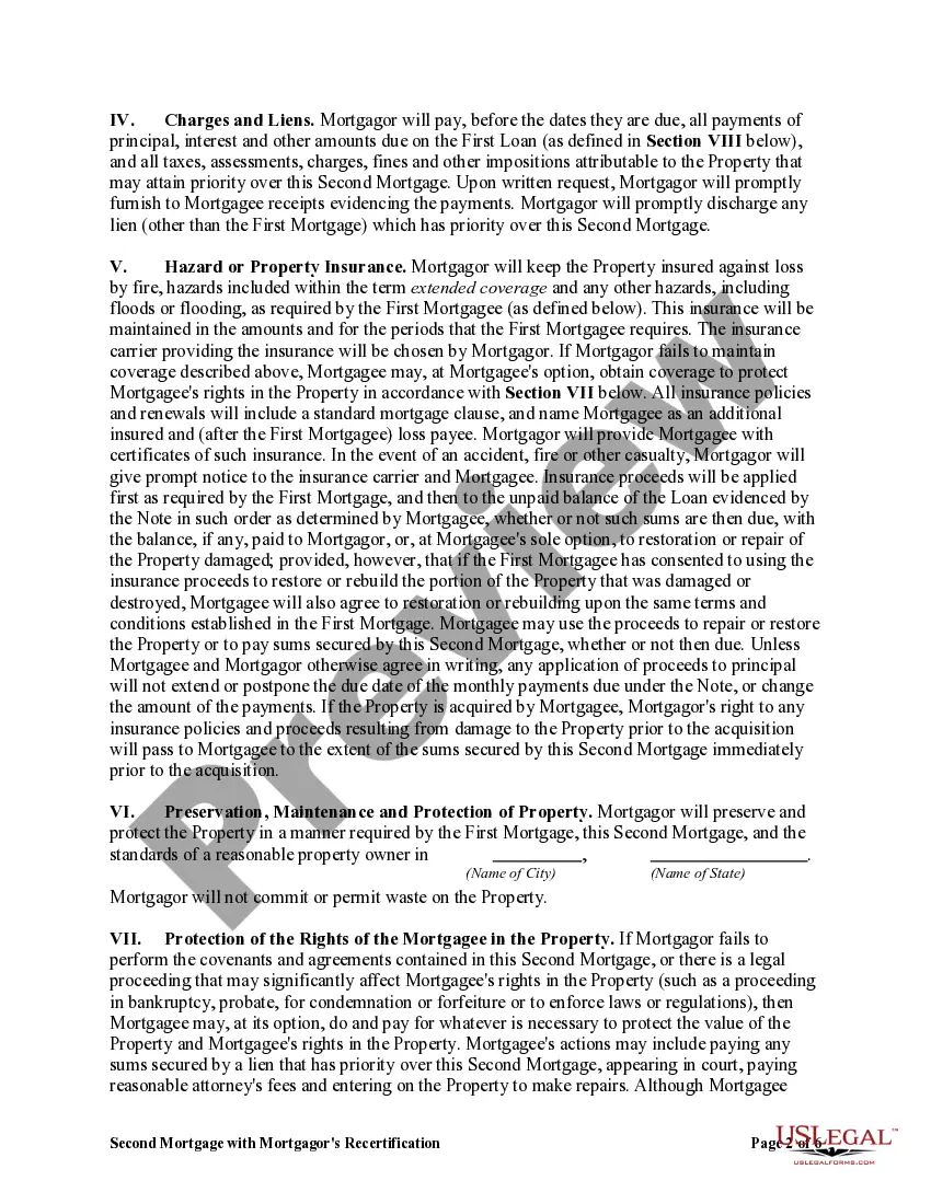 Preview Second Mortgage with Mortgagor's Recertification of Representations, Warranties and Covenants in First Mortgage