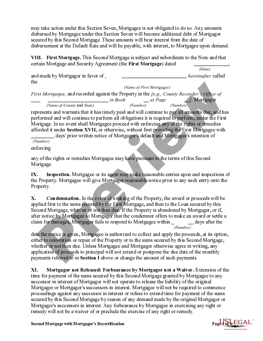 Preview Second Mortgage with Mortgagor's Recertification of Representations, Warranties and Covenants in First Mortgage