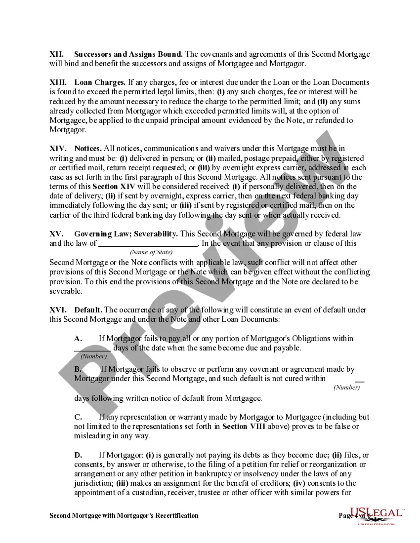 Preview Second Mortgage with Mortgagor's Recertification of Representations, Warranties and Covenants in First Mortgage