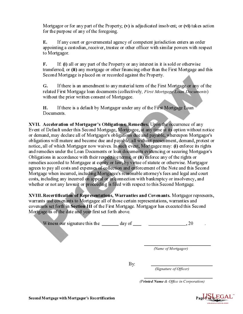 Preview Second Mortgage with Mortgagor's Recertification of Representations, Warranties and Covenants in First Mortgage