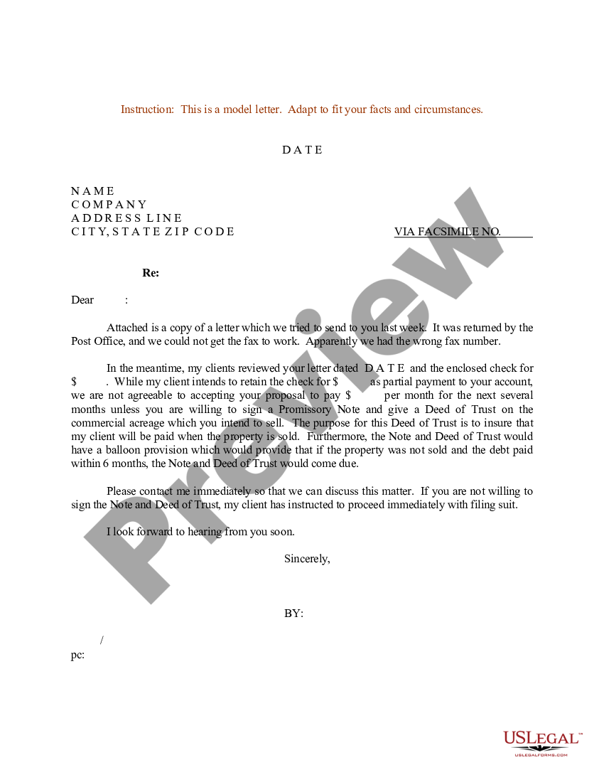 Sample Letter for Note and Deed of Trust - Note Deed Trust | US Legal Forms