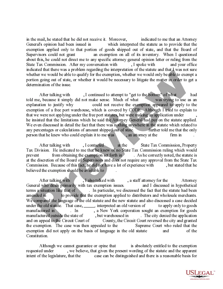 Preview Sample Letter for Exemption of Ad Valorem Taxes