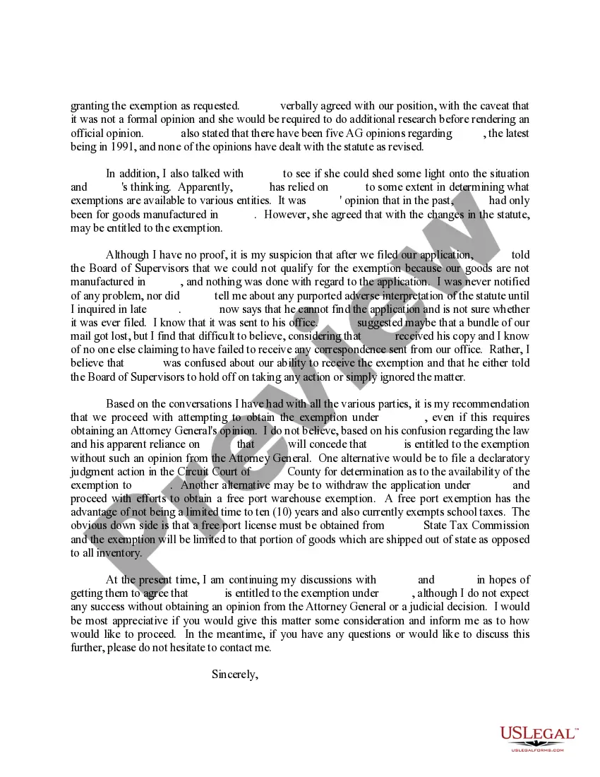 Preview Sample Letter for Exemption of Ad Valorem Taxes