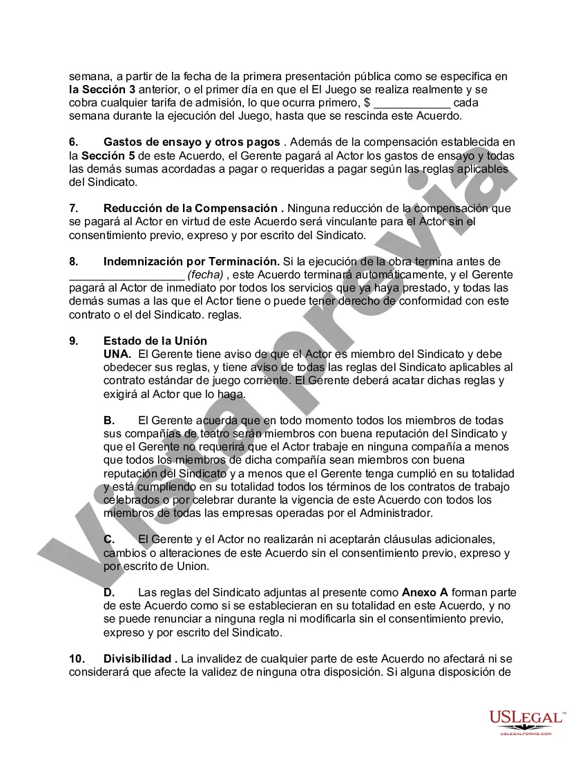 Get Contrato de trabajo de actor para la ejecución de una obra de teatro que incorpora reglas sindicales Preview Contrato de trabajo de actor para la ejecución de una obra de teatro que incorpora reglas sindicales