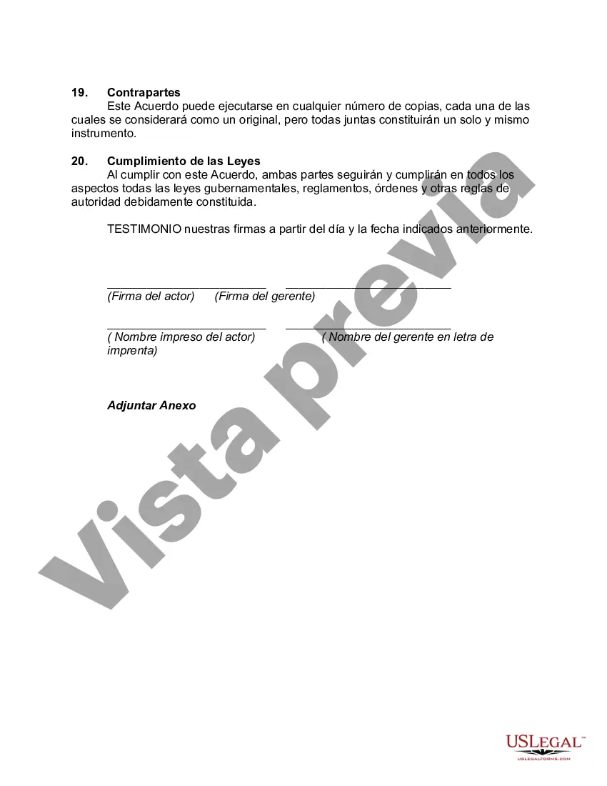 Get Contrato de trabajo de actor para la ejecución de una obra de teatro que incorpora reglas sindicales Preview Contrato de trabajo de actor para la ejecución de una obra de teatro que incorpora reglas sindicales