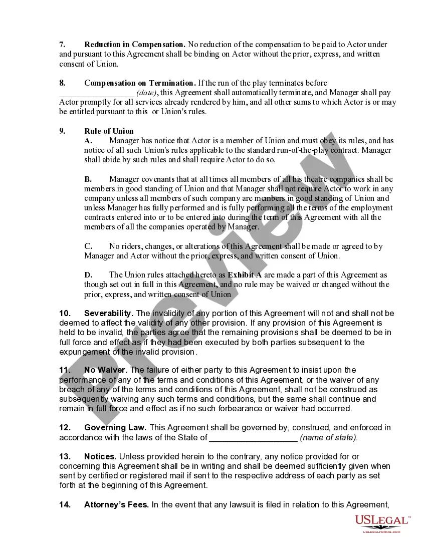 Get Employment Contract of Actor for the Run of a Play Incorporating Union Rules Preview Employment Contract of Actor for the Run of a Play Incorporating Union Rules