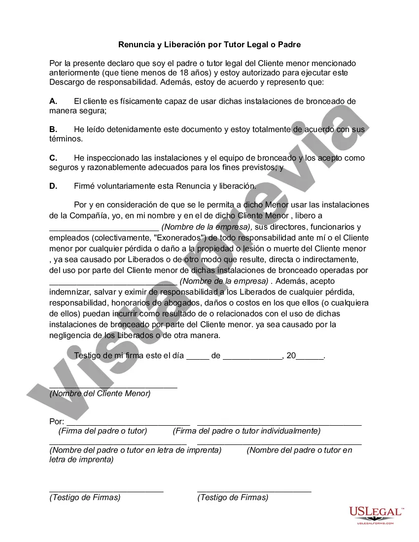 Preview Formulario de liberación de bronceado, incluida la renuncia y liberación del tutor legal o padre