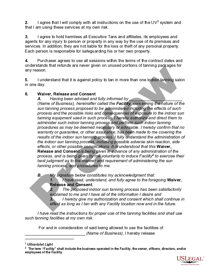 Get Tanning Release Form including Waiver and Release by Legal Guardian or Parent Preview Tanning Release Form including Waiver and Release by Legal Guardian or Parent