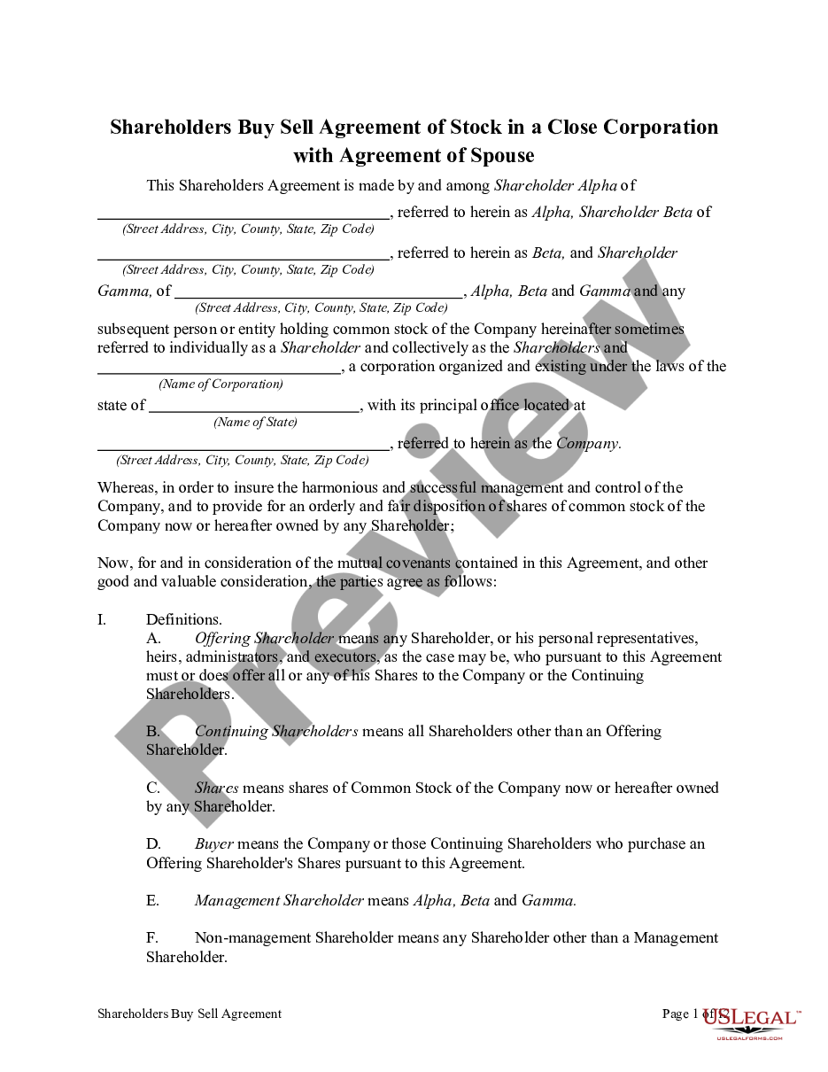 page 0 Shareholders Buy Sell Agreement of Stock in a Close Corporation with Agreement of Spouse preview