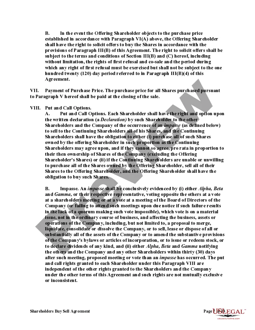 Get Shareholders Buy Sell Agreement of Stock in a Close Corporation with Agreement of Spouse Preview Shareholders Buy Sell Agreement of Stock in a Close Corporation with Agreement of Spouse