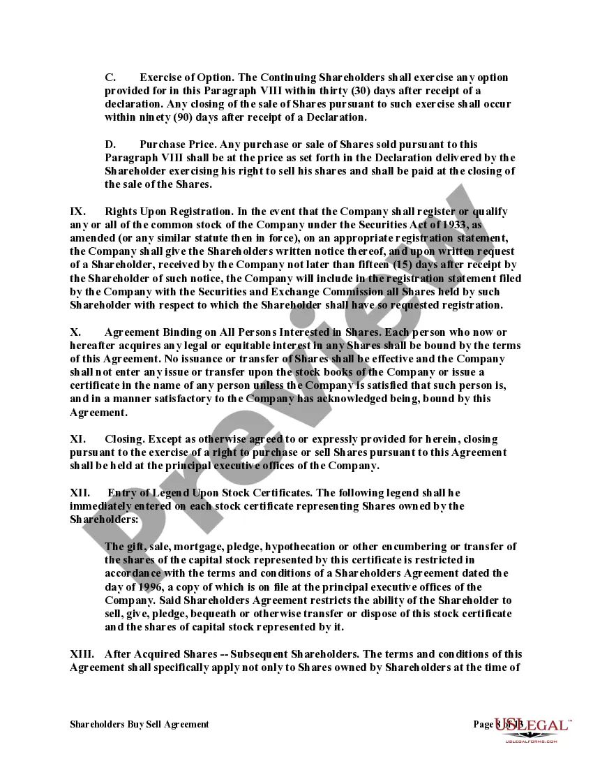 Get Shareholders Buy Sell Agreement of Stock in a Close Corporation with Agreement of Spouse Preview Shareholders Buy Sell Agreement of Stock in a Close Corporation with Agreement of Spouse