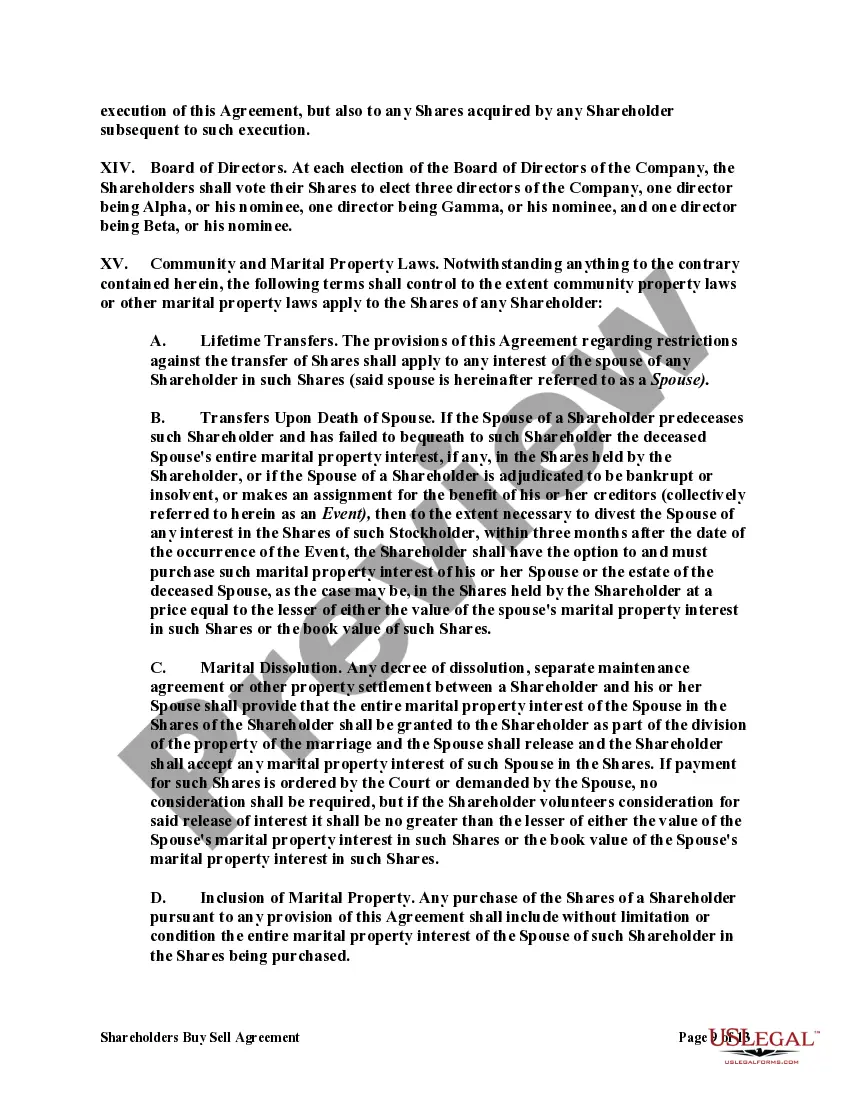 Get Shareholders Buy Sell Agreement of Stock in a Close Corporation with Agreement of Spouse Preview Shareholders Buy Sell Agreement of Stock in a Close Corporation with Agreement of Spouse