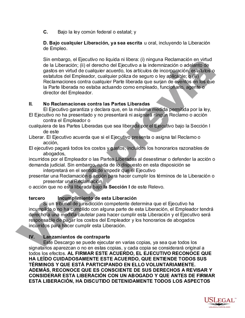 Preview Liberación que constituye acuerdo y satisfacción entre el empleador y el empleado ejecutivo de conformidad con el acuerdo de indemnización