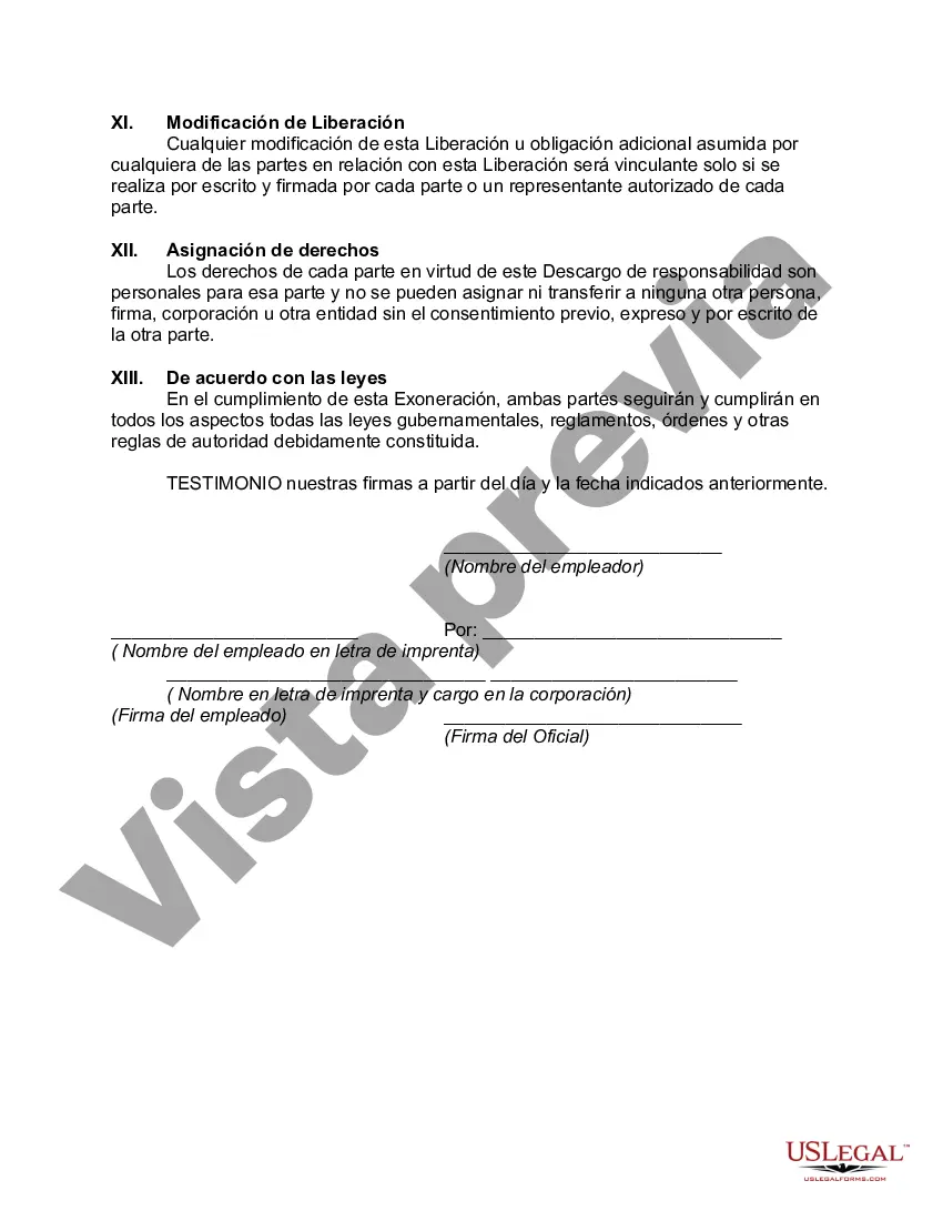 Preview Liberación que constituye acuerdo y satisfacción entre el empleador y el empleado ejecutivo de conformidad con el acuerdo de indemnización