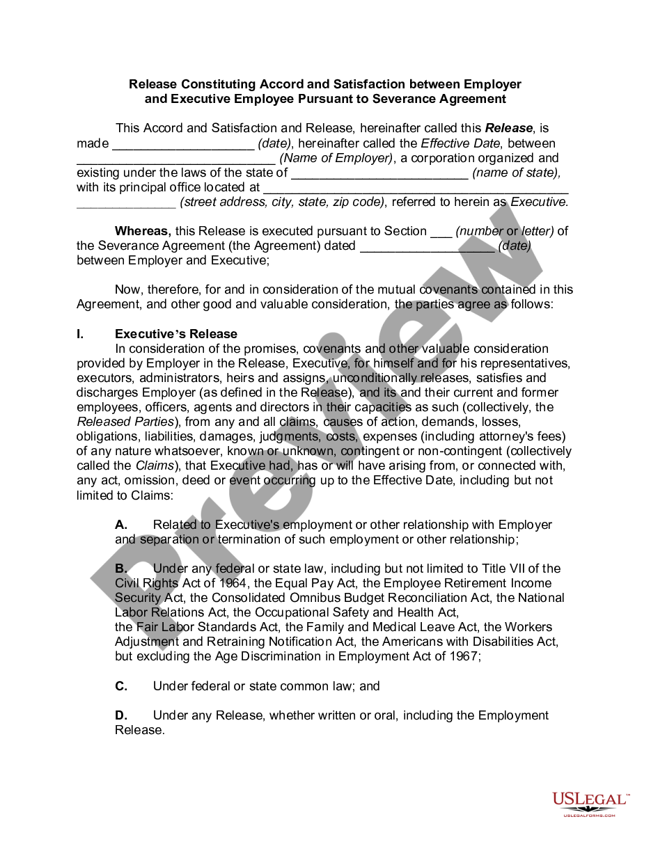 page 0 Release Constituting Accord and Satisfaction between Employer and Executive Employee Pursuant to Severance Agreement preview