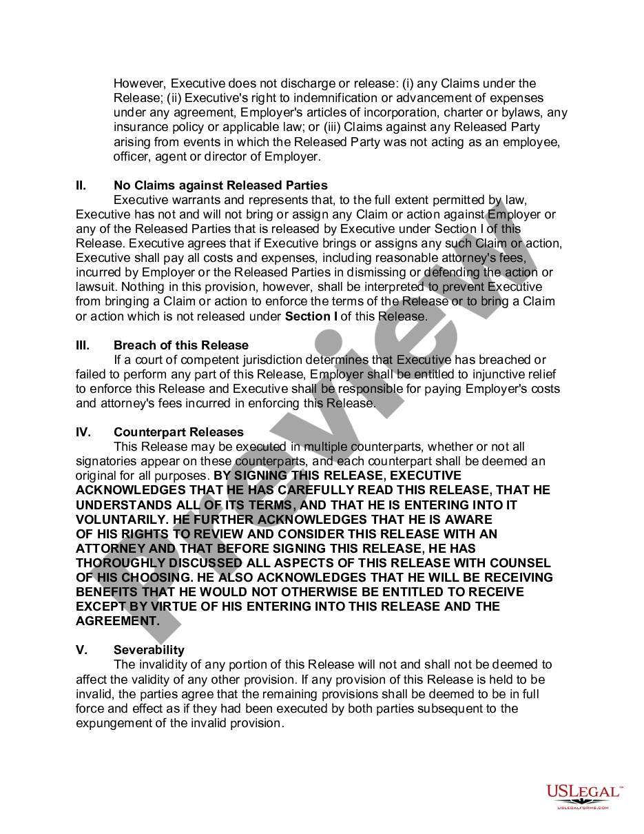 page 1 Release Constituting Accord and Satisfaction between Employer and Executive Employee Pursuant to Severance Agreement preview