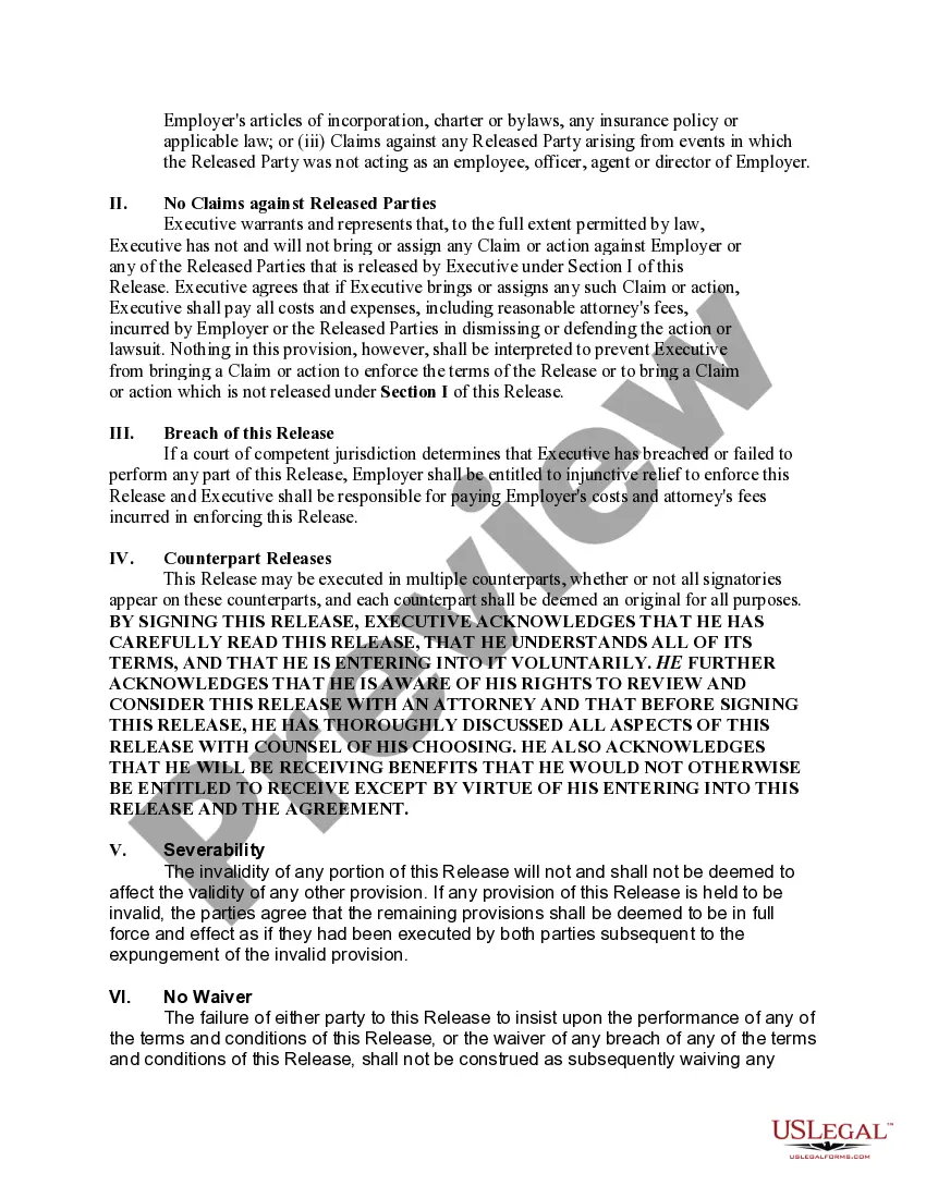 Get Release Constituting Accord and Satisfaction between Employer and Executive Employee Pursuant to Severance Agreement Preview Release Constituting Accord and Satisfaction between Employer and Executive Employee Pursuant to Severance Agreement