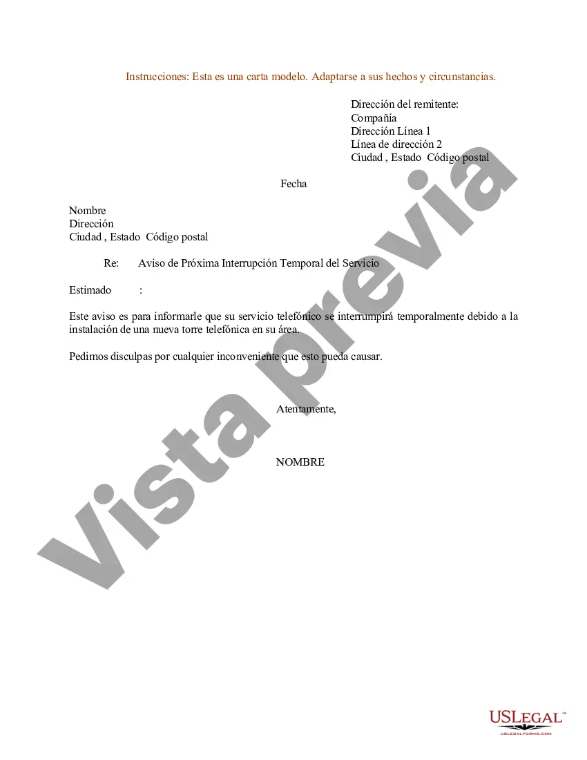 Preview Modelo de carta de aviso de próxima interrupción temporal del servicio