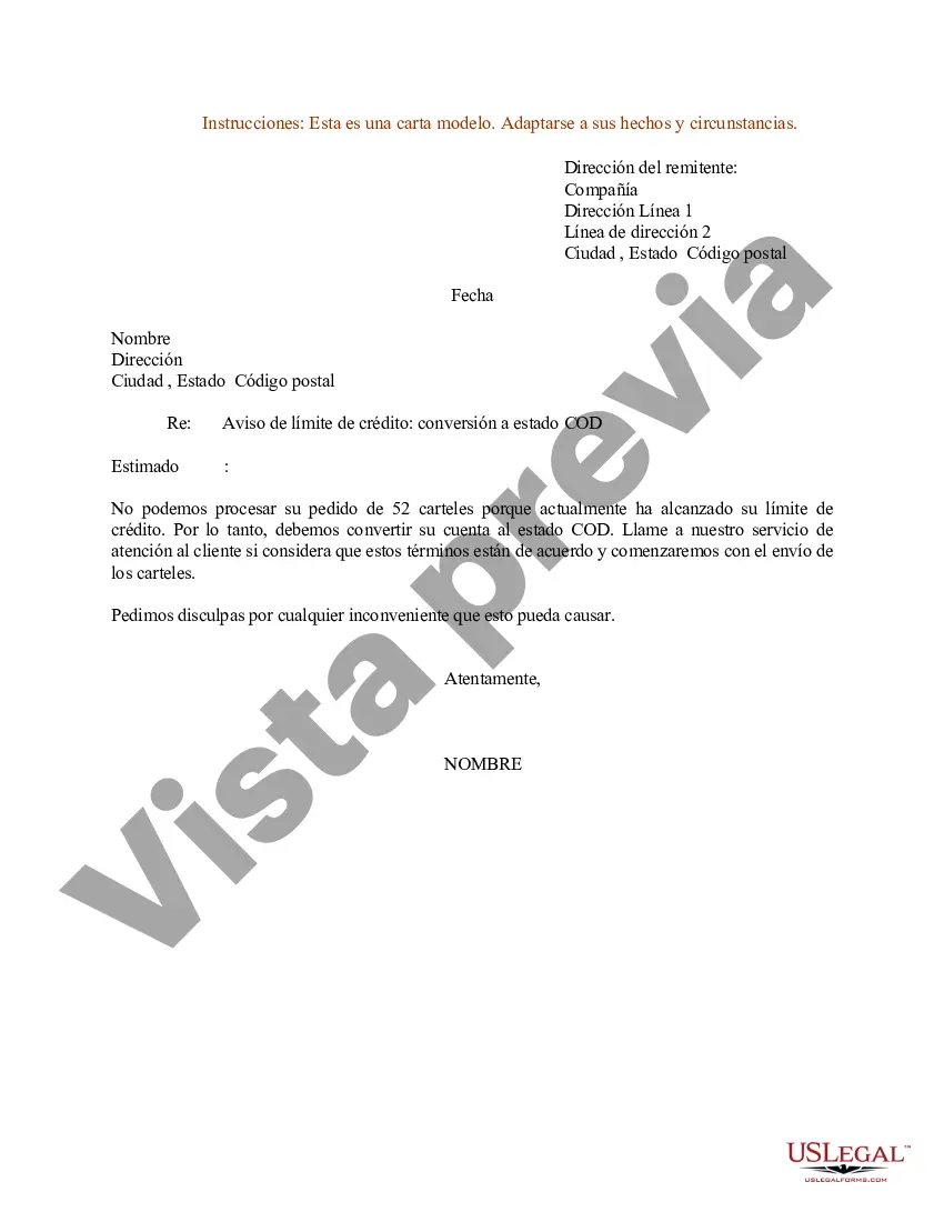 Preview Ejemplo de carta de aviso de límite de crédito - Conversión a estado COD