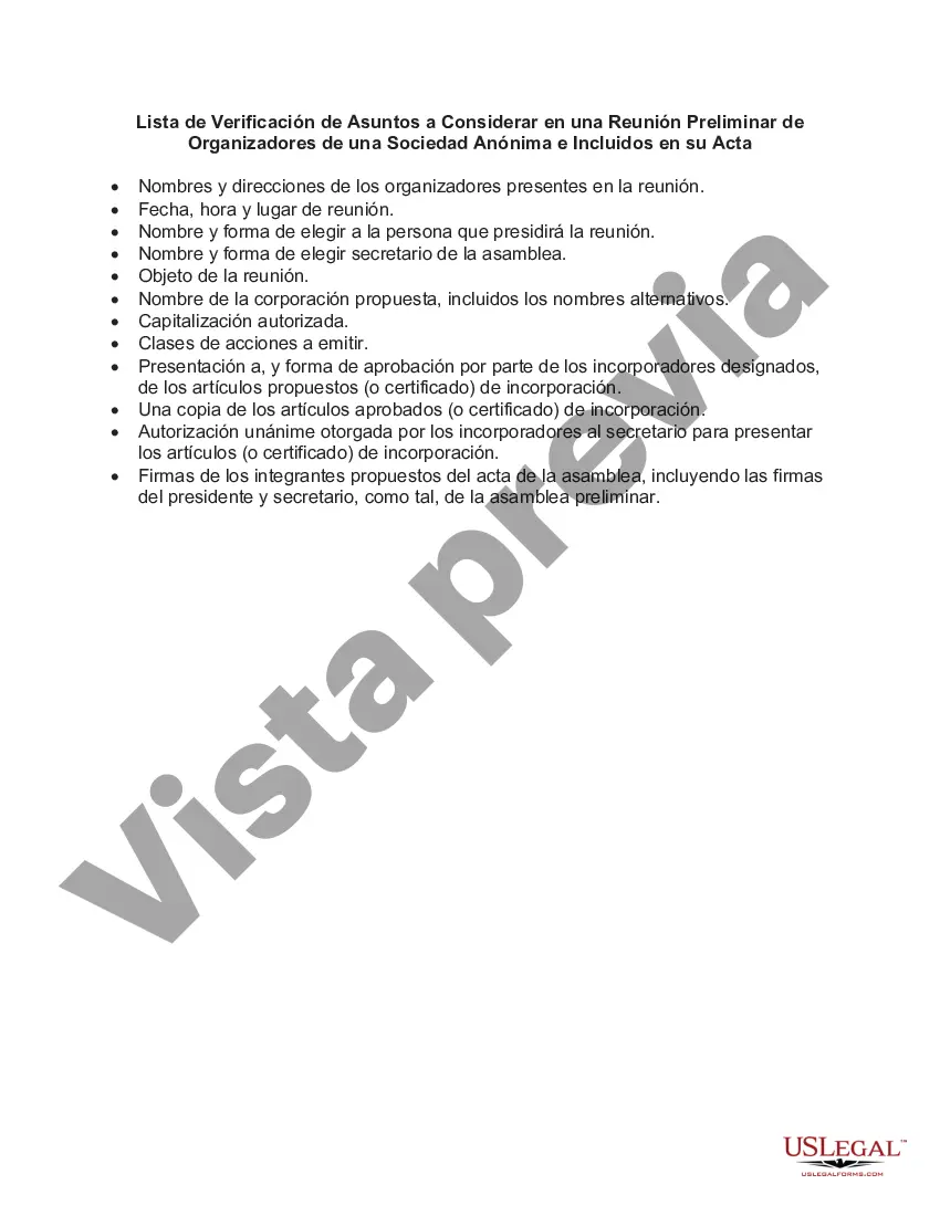 Preview Lista de Verificación de Asuntos a Considerar en una Reunión Preliminar de Organizadores de una Sociedad Anónima e Incluidos en su Acta
