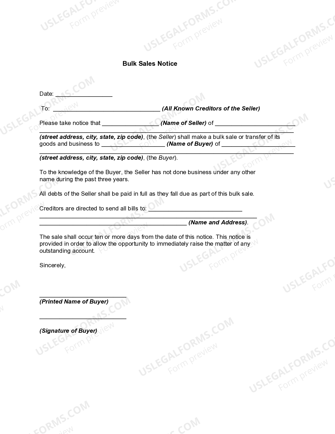 West Virginia Bulk Sale Notice Sale Notice US Legal Forms