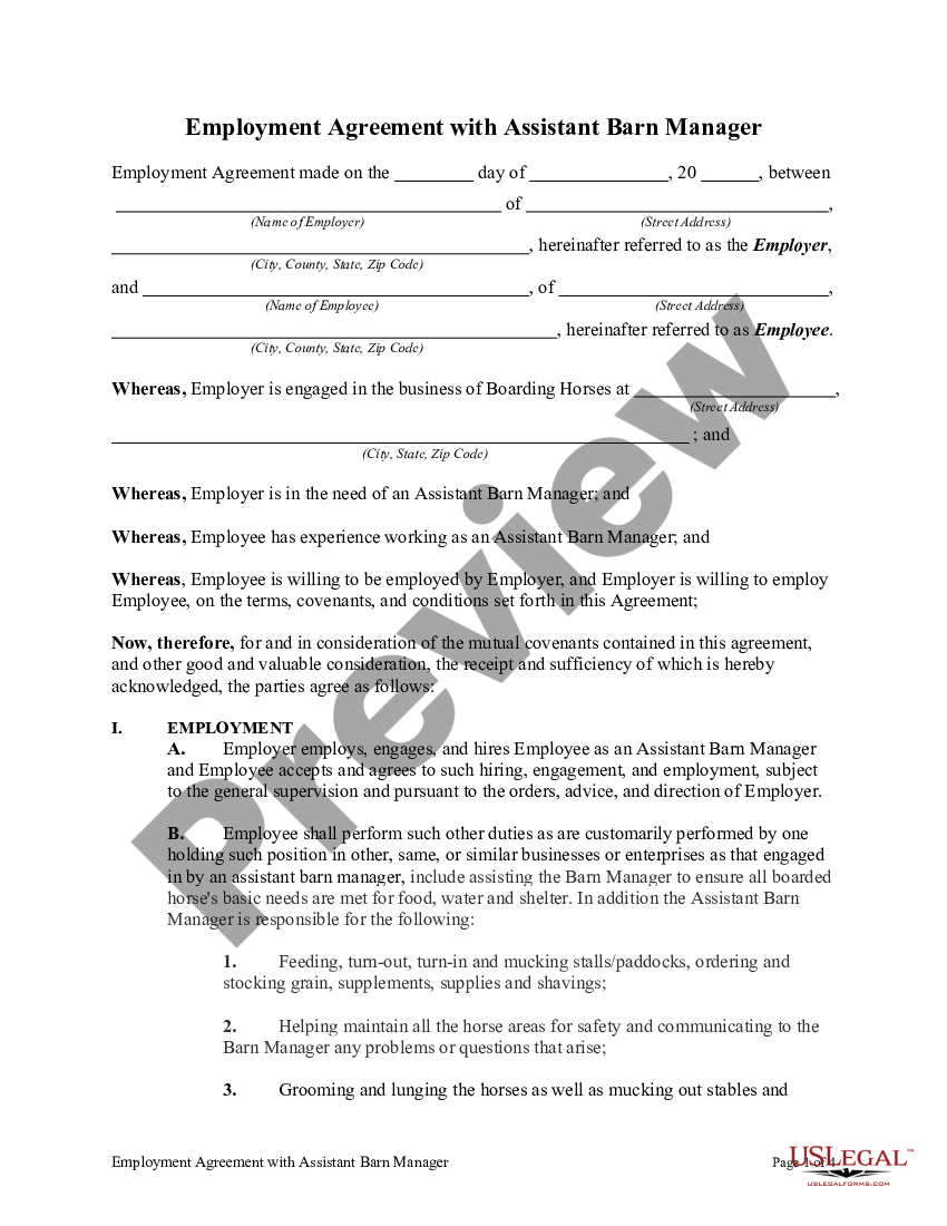 South Dakota Employment Agreement With Assistant Barn Manager Horse 