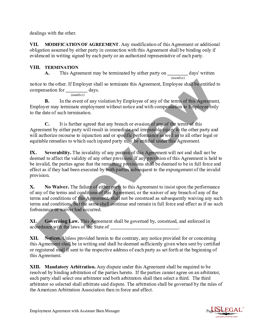 Arizona Employment Agreement With Assistant Barn Manager Horse Barn 