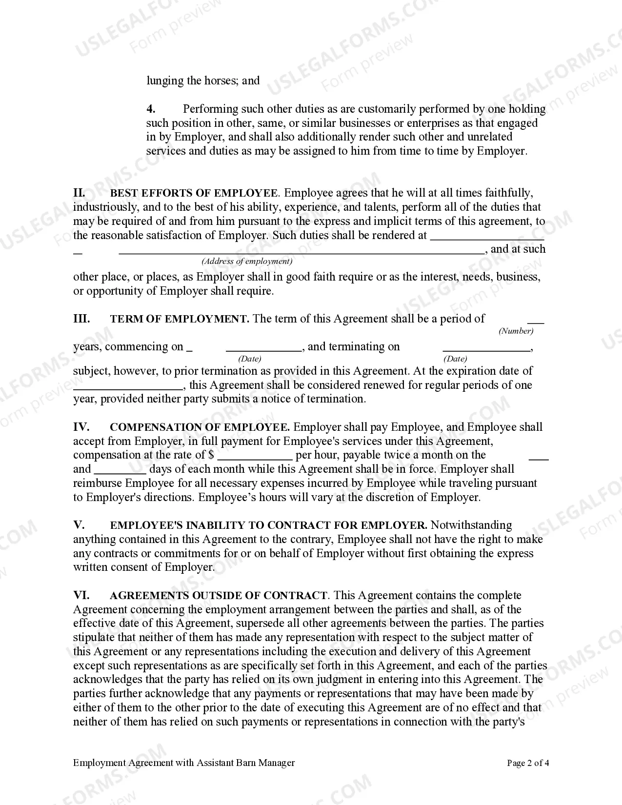 Preview Employment Agreement with Assistant Barn Manager