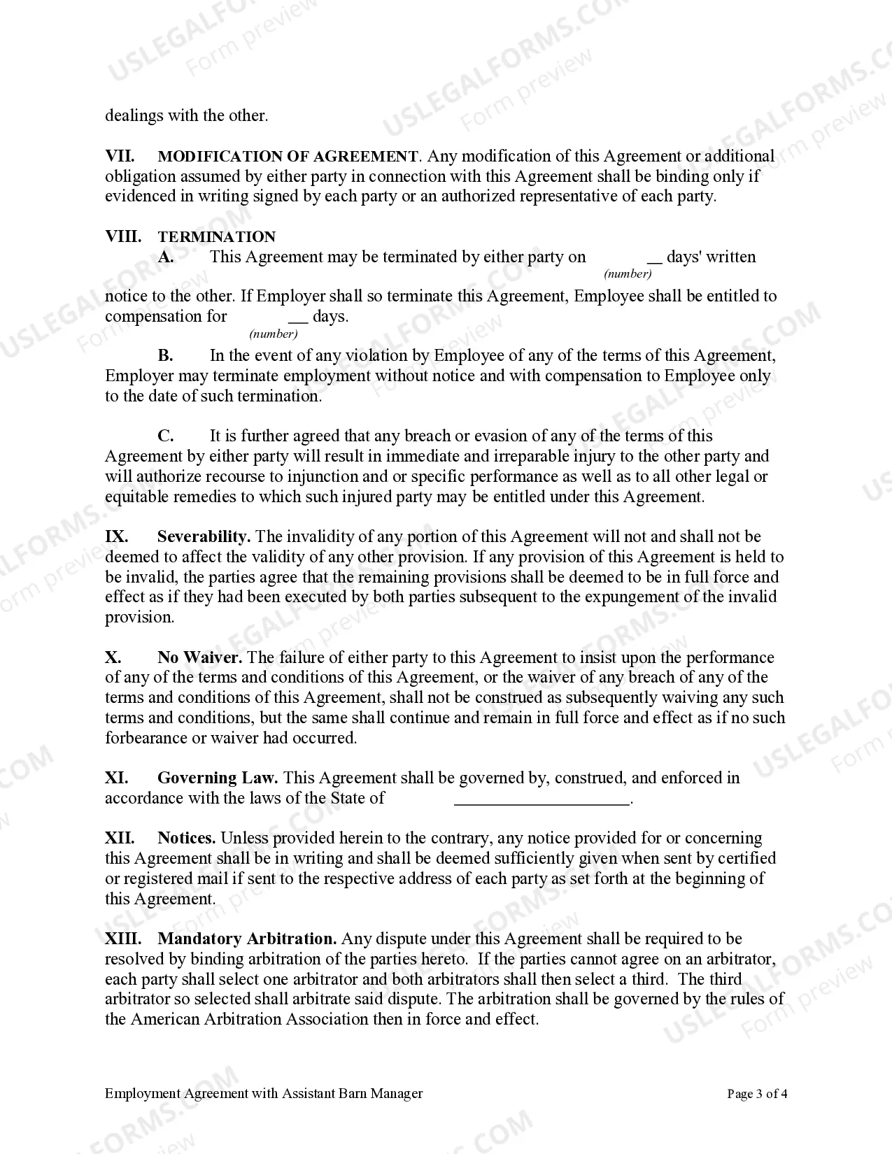 Preview Employment Agreement with Assistant Barn Manager