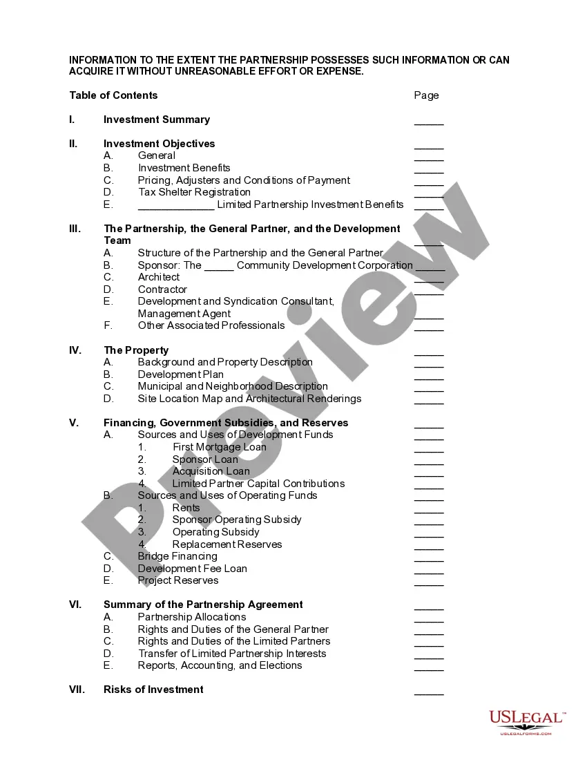 Preview Offering Memorandum - Limited Partnership