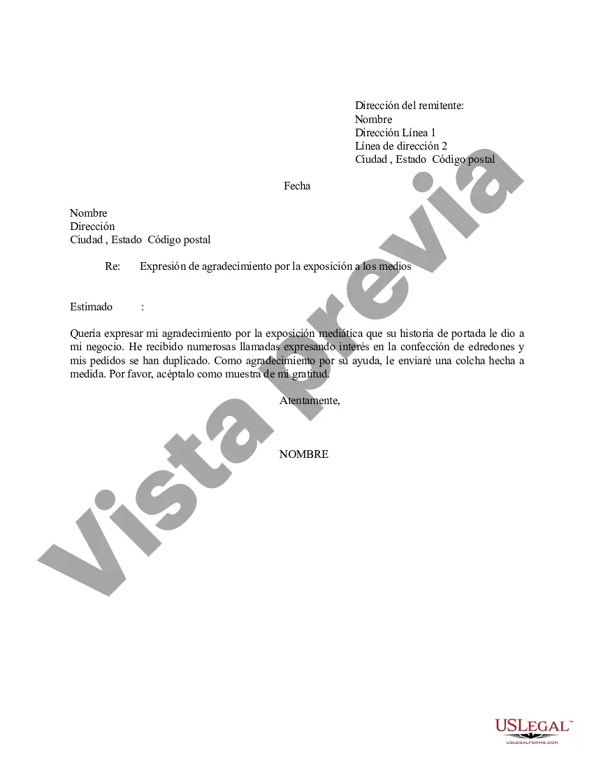 Preview Ejemplo de carta de expresión de agradecimiento por la exposición a los medios