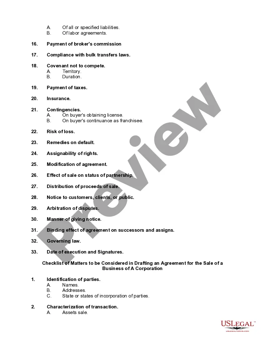 Preview Checklist - Sale of a Business