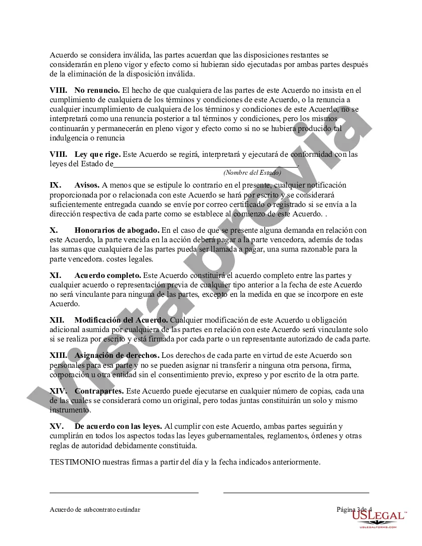 Preview Acuerdo de subcontrato estándar